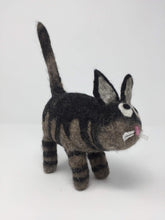 Load image into Gallery viewer, Picture of a black and brown striped felt cat toy standing on a white surface 
