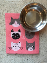 Load image into Gallery viewer, Pink sponge dish rack mats with black, grey, and black cat on it. There is a silver bowl on top of the dish towel
