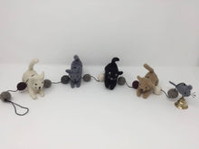 Load image into Gallery viewer, Picture of a felt cat garland featuring four cats and a mouse laying on an all white surface
