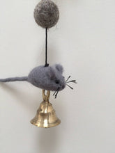 Load image into Gallery viewer, Close up picture of a felt cat door garland featuring a grey mouse on a string and a gold colored bell 
