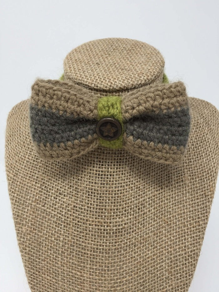 Tan brown, green and grey Hand Crochet Alpaca Wool Pet Bow Tie