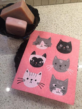 Load image into Gallery viewer, Pink sponge dish rack mats with black, grey, and black cat on a white kitchen countertop surface
