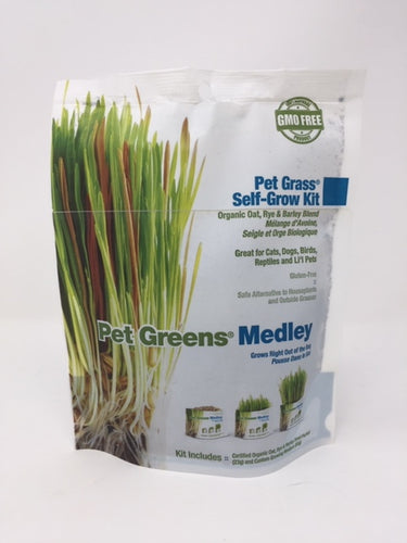 Picture of a white bag of pet grass self-grow kit standing on a white background