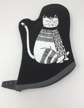 Load image into Gallery viewer, Picture of a black oven mitt with a white cat on it
