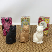 Load image into Gallery viewer, Three cat shaped soap bars, one black, one tan brown, and the third white

