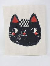 Load image into Gallery viewer, White cat-themed sponge cloth dish rack towel with a black cat face on it
