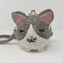 Load image into Gallery viewer, Close up picture of a grey and white mini cat purse on a white background
