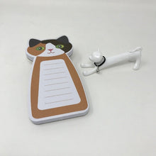 Load image into Gallery viewer, Picture of a brown and white cat-themed notepad with white cat pen 
