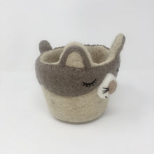 Load image into Gallery viewer, Grey and off-white felt cat plant holder standing on an all white surface
