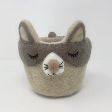Load image into Gallery viewer, Grey and off-white felt cat plant holder standing on an all white surface
